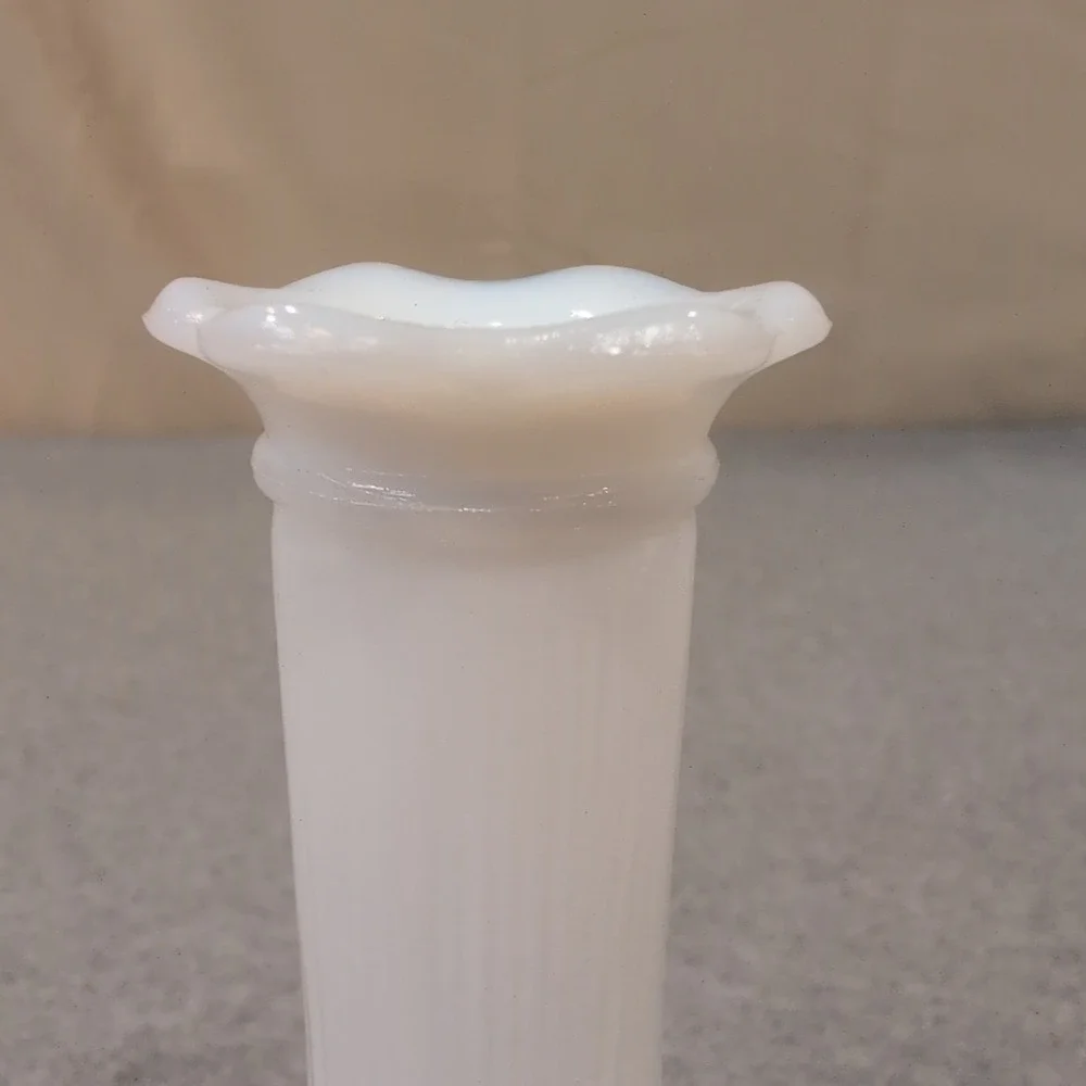 Vintage White Milk Glass Ribbed Bud Vase with Ruffled Rim - Picture 4 of 6